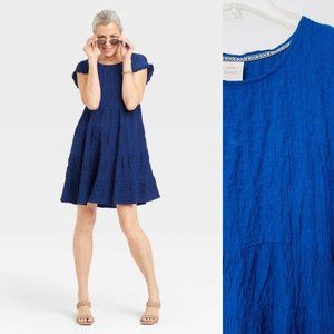 Knox Rose Women's Dress Small Blue Mini Textured Tiered A-Line Short Sleeve New